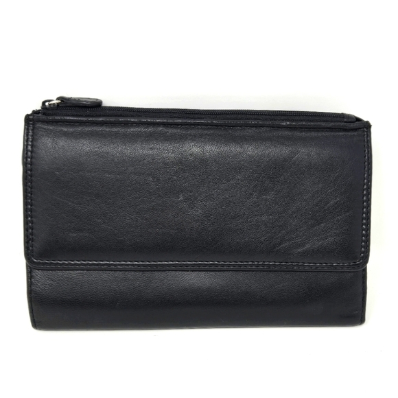 WILSONS LEATHER BLACK LEATHER TRI-FOLD WALLET TRAVEL POUCH CARRY ALL UNISEX - Picture 1 of 12